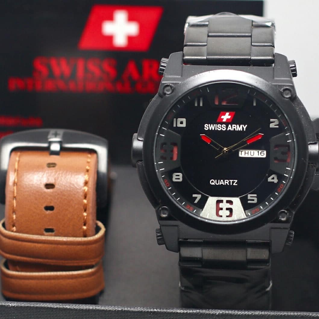 Jam tangan pria / Watch for men Swiss Army Free strap brown - black red